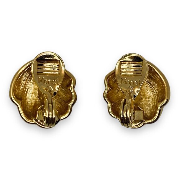 Monet Gold Tone Clam Shell Rhinestone Clip On Earrings - Picture 5 of 5